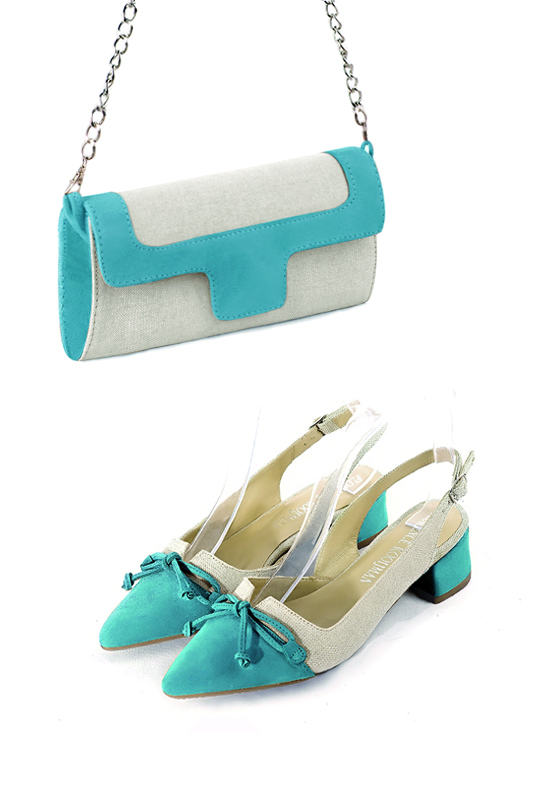 Women's natural beige and peacock blue luxurious elegant clutch for ceremonies, weddings and evenings out. - Worn view
